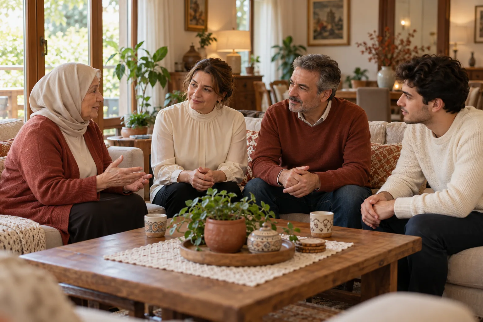 Üç kuşaktan yetişkin aile bireylerinin birlikte konuşması; temsili görsel
