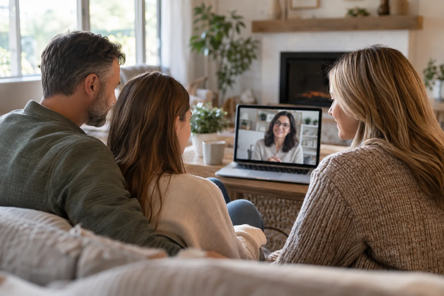Türkçe online aile görüşmesi Dizüstü bilgisayardan online görüşmeye katılan aile; temsili görsel